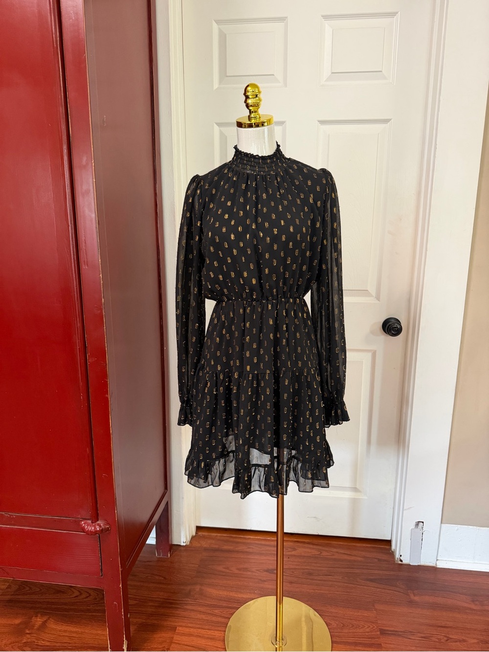 Smocked Neck Black Long-Sleeve Dress with Gold Dot Print